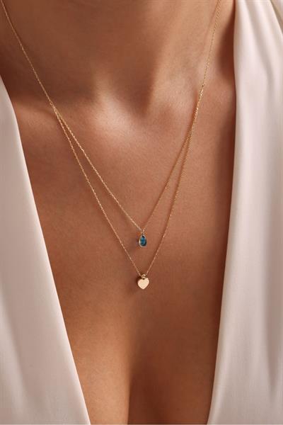 Mavi Damla Taşlı Çift Sıra Kalp Kolye