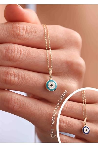 Mavi Lacivert Mineli Çift Taraflı Nazar Boncuğu Göz Kolye 45 cm