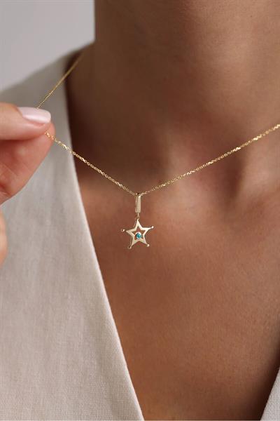 Mavi Mineli Yıldız Kilitli Charm Kolye 45 cm