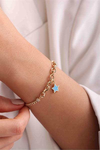 Mavi Mineli Yıldız Sallantılı Charm Beyaz Stone Gurmet and Halkalı Bracelet
