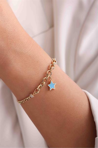Mavi Mineli Yıldız Sallantılı Charm Beyaz Stone Gurmet and Halkalı Bracelet