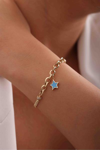 Mavi Mineli Yıldız Sallantılı Charm Beyaz Stone Gurmet and Halkalı Bracelet