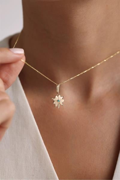 Mavi Mineli Yonca Kilitli Charm Kolye 45 cm