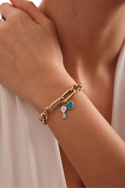 Mavi Turkuaz Mineli Anahtar ve Kalp Charm Tasarım Bileklik