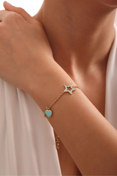 Mavi Turkuaz Mineli Kalp Charm ve Yıldız Tasarım Bileklik