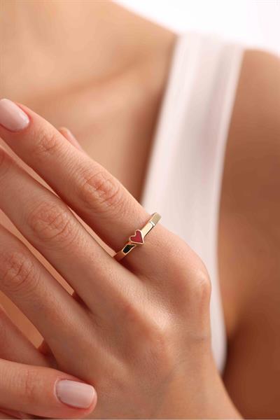 Minimal Kırmızı Mineli Kalp Yüzük