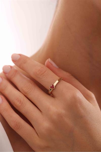 Minimal Kırmızı Mineli Kalp Yüzük