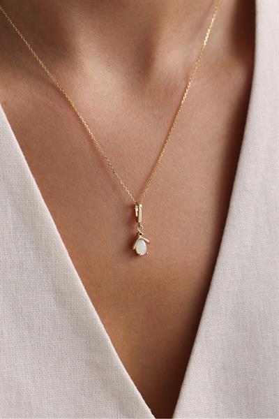 Opal Taşlı Penguen Kilitli Charm Kolye 45 cm