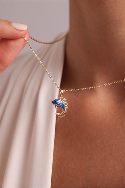 Pastel Mavi Mineli Balık Kolye 45 cm