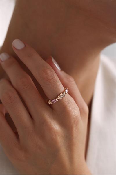 Rose Altın Pembe Baget Taşlı Heritage Minimal Yüzük