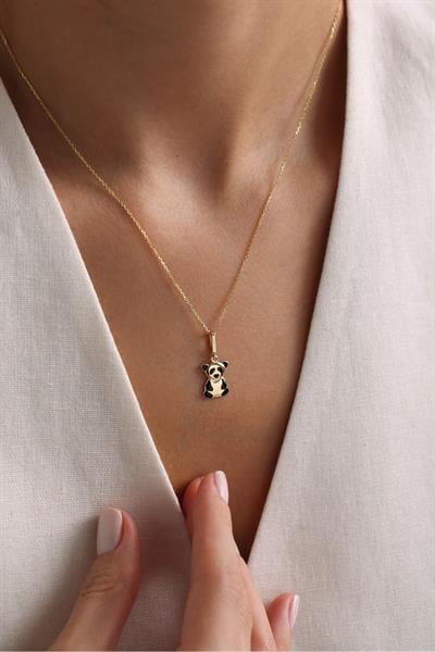 Siyah Mineli Panda Kilitli Charm Pendant