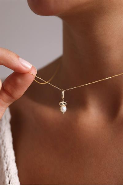 Siyah Stone Pearl Baykuş Kilitli Charm Necklace 45 cm