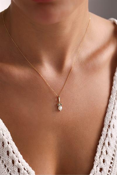 Siyah Stone Pearl Baykuş Kilitli Charm Necklace 45 cm
