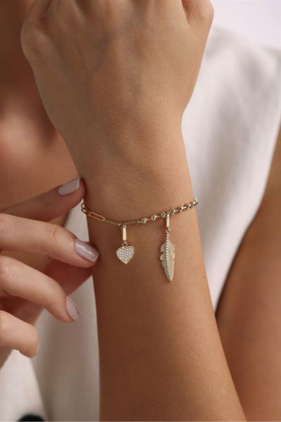 Taşlı Tüy & Taşlı Kalp Charm Bileklik