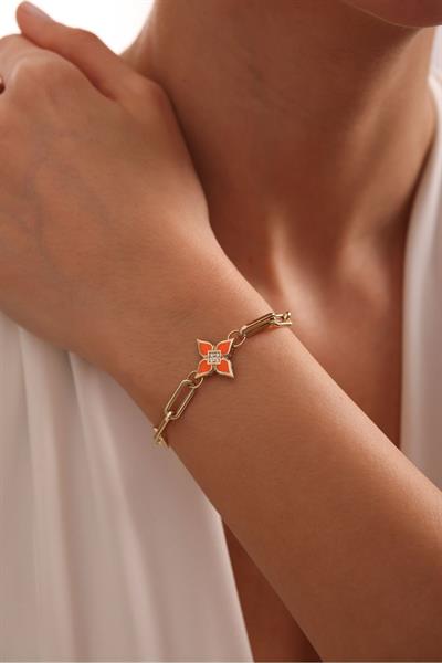 Turuncu Mineli Taşlı Yonca Model Tasarım Bileklik