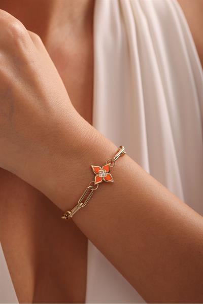Turuncu Mineli Taşlı Yonca Model Tasarım Bileklik