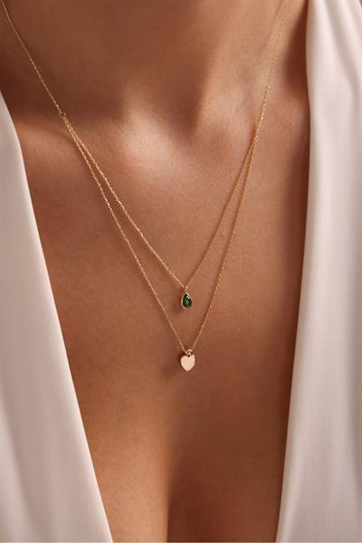 Yeşil Damla Taşlı Çift Sıra Kalp Kolye
