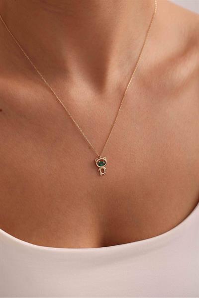 Yeşil Oval Taşlı Teddy Bear Ayıcık Kolye
