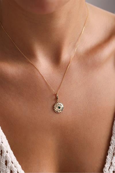 Yeşil Stone Göz Güneş Heritage Kilitli Charm Necklace 45 cm