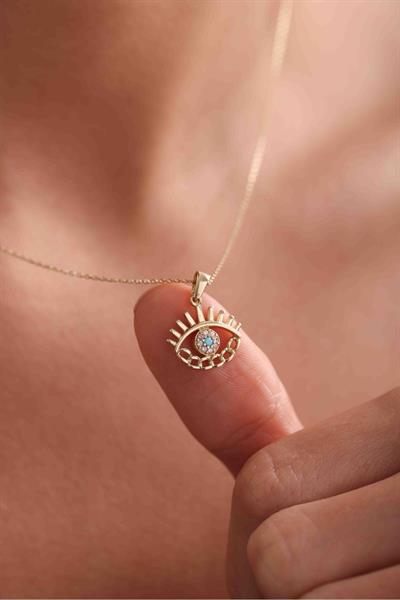 Zincir Detaylı Mavi Beyaz Taşlı Kirpikli Göz Kolye Ucu