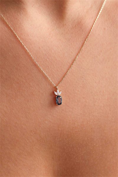 Mavi Oval Taşlı Kolye