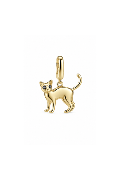 Siyah Taşlı Kedi Kilitli Charm Kolye Ucu