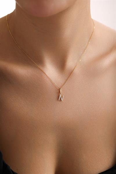 Taşlı N Harf Kilitli Charm Kolye