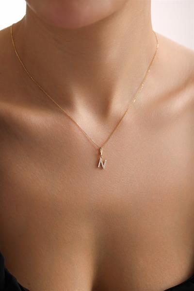 Taşlı N Harf Kilitli Charm Kolye Ucu