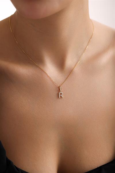 Taşlı R Harf Kilitli Charm Kolye Ucu