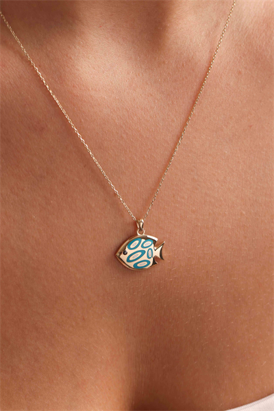 Turkuaz & Beyaz Mineli Balık Kolye