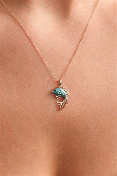 Turkuaz Mineli Balık Kolye