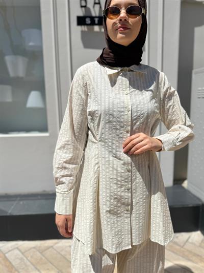 101984 Çizgili Düğmeli Kadın Gömlek Ekru
