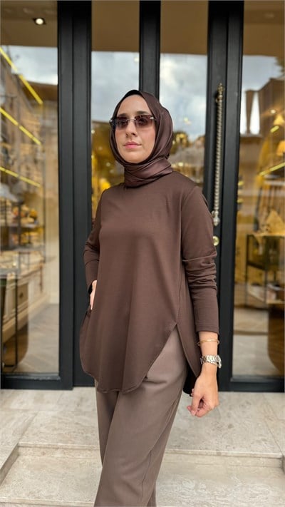 102269 Bisiklet Yaka Kadın Tunik Kahve