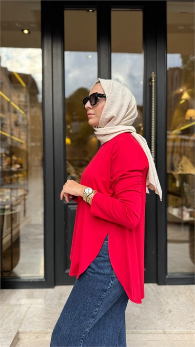 102269 Bisiklet Yaka Kadın Tunik Kırmızı