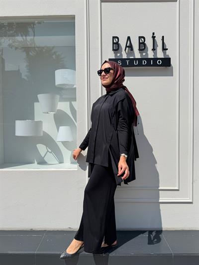 202866 Yarasa Kol Büyük Beden Kadın Takım Siyah
