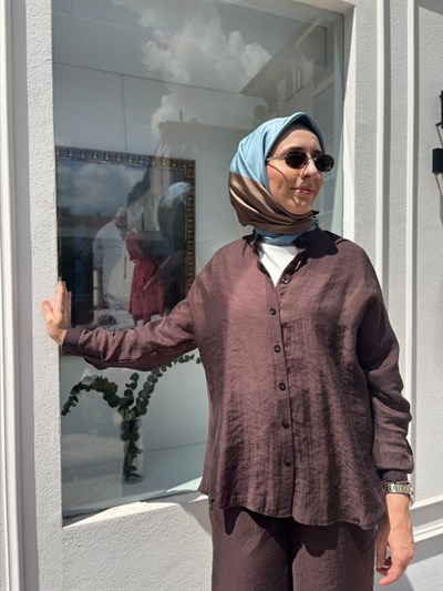 203042 Düğmeli Kadın Takım Kahve