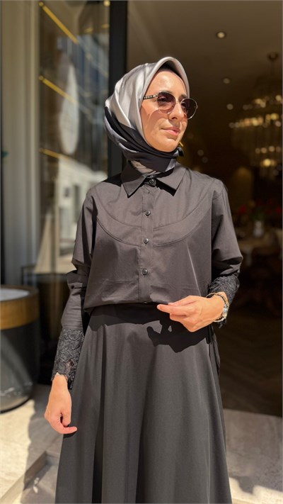 203052 Güpür Detay Etekli Kadın Takım Siyah