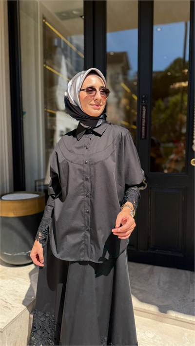 203052 Güpür Detay Etekli Kadın Takım Siyah