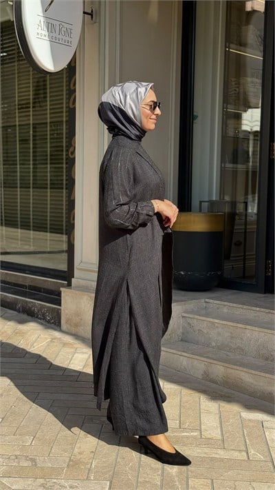 203071 Dik Yaka Pantolonlu Kadın Takım Antrasit