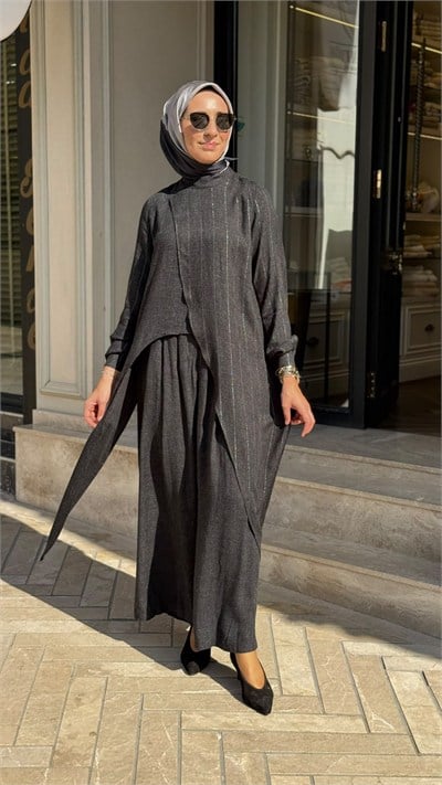 203071 Dik Yaka Pantolonlu Kadın Takım Antrasit