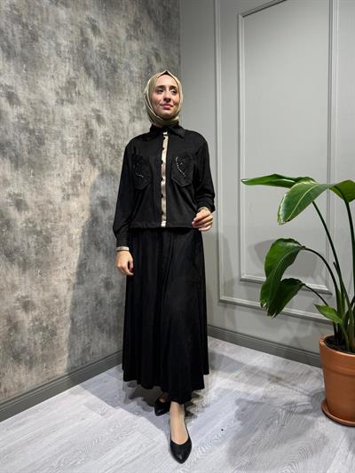 25023010 Güpür Detay Kadın Takım Siyah