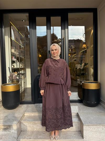 25023021 Güpür Detay Kadın Takım Kahve