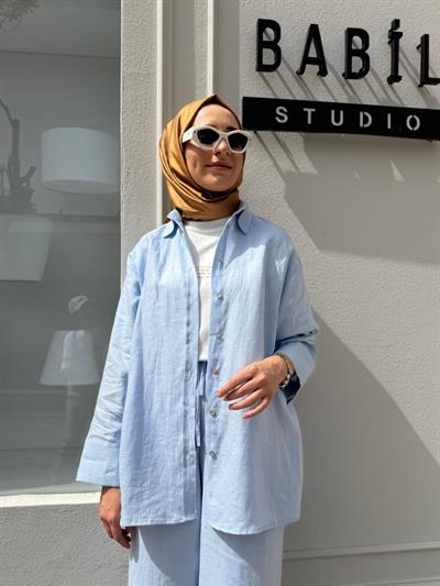 25SS212 Keten Basic Kadın Gömlek Bebek Mavi