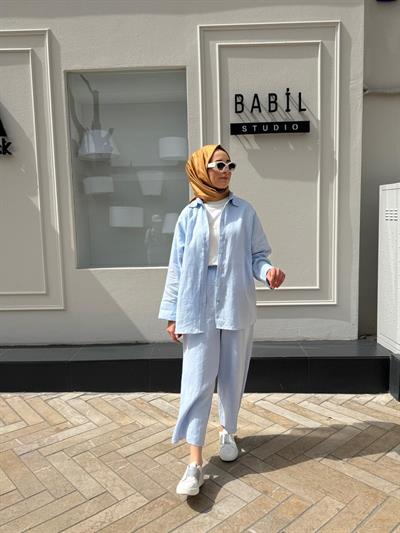 25SS212 Keten Basic Kadın Gömlek Bebek Mavi