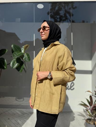 25SS212 Keten Basic Kadın Gömlek Hardal Sarısı