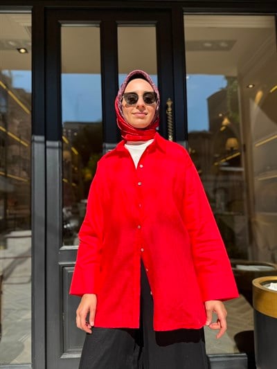 25SS212 Keten Basic Kadın Gömlek Kırmızı