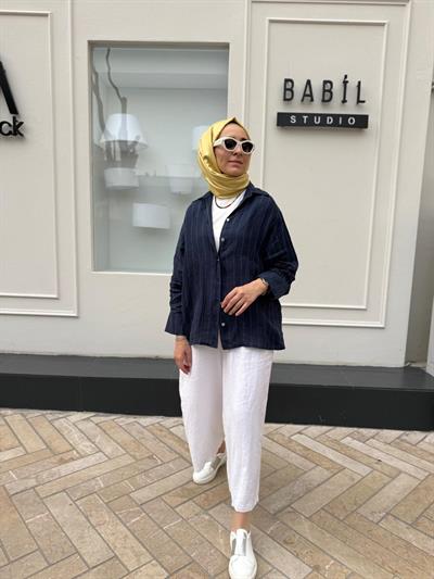 25SS212 Keten Basic Kadın Gömlek Lacivert