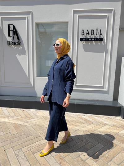 25SS212 Keten Basic Kadın Gömlek LACİVERT DÜZ