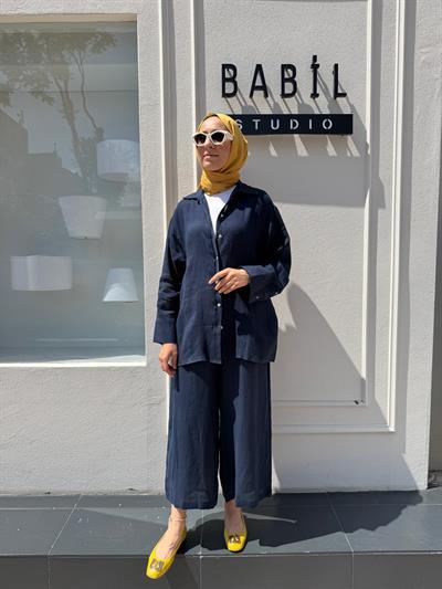 25SS212 Keten Basic Kadın Gömlek LACİVERT DÜZ