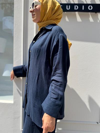 25SS212 Keten Basic Kadın Gömlek LACİVERT DÜZ